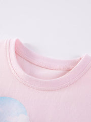 Toddler blush pink t-shirt with a round neckline and a playful dinosaur graphic detail.