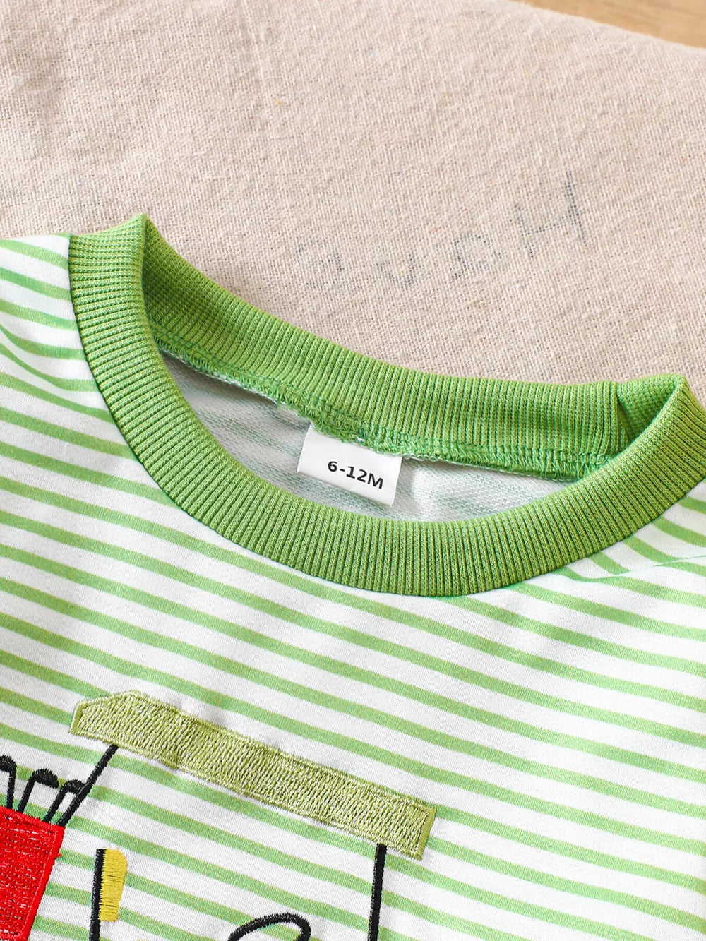 Children's Golf Cart Striped Top And Pants Set in Light Green, close-up detail