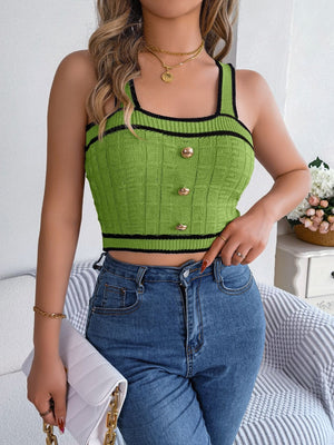 Green textured knit tank top with black contrast trim and gold buttons