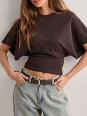 Dark brown batwing sleeve fitted t-shirt with crew neck