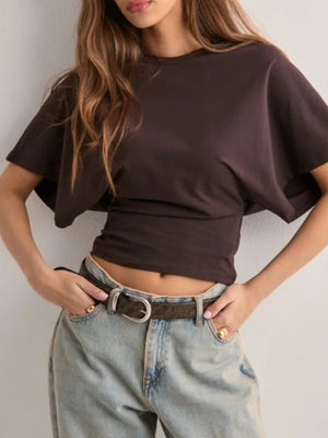 Dark brown batwing sleeve fitted t-shirt with crew neck