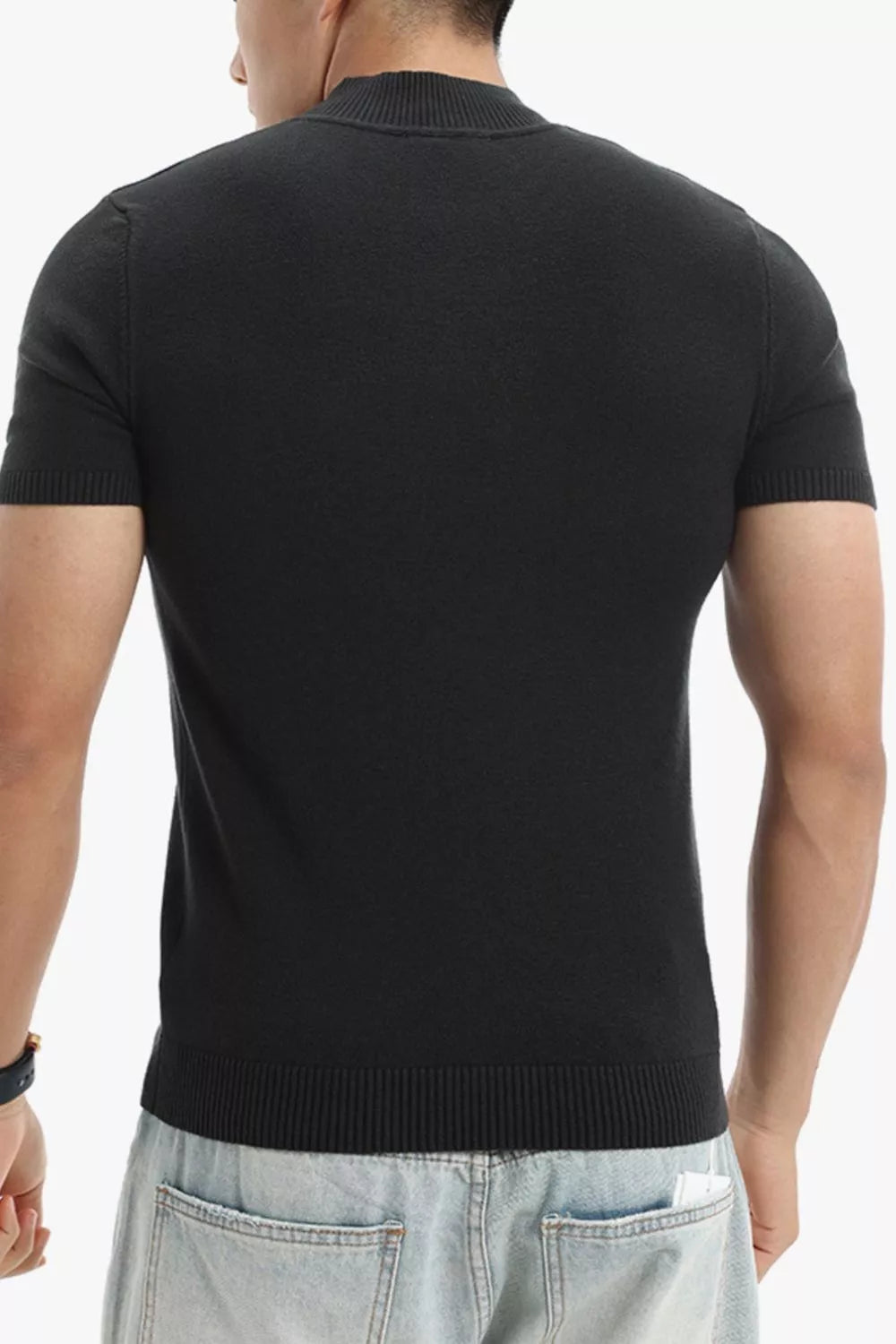 Black knit mock neck short sleeve top with ribbed trim