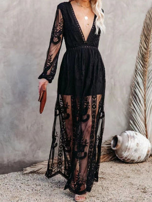 Black floral lace maxi dress with plunging neckline, long sleeves, and a slit.