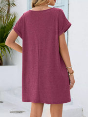 Lace-trimmed V-neck pocket dress in Deep Purple with short sleeves and a relaxed fit.
