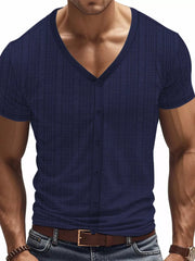 Navy blue V-neck button-down t-shirt with subtle grid pattern and short sleeves.