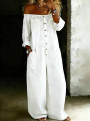 White off-shoulder jumpsuit with buttons and pockets, wide leg, casual style