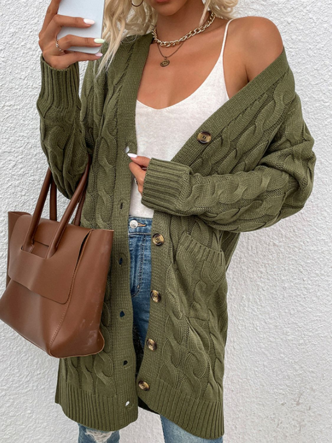 Army green cable knit button-down cardigan with pockets, 100% acrylic