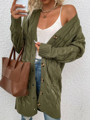 Army green cable knit button-down cardigan with pockets, 100% acrylic
