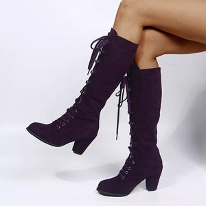 Purple suede lace-up block heel boots with tie detail