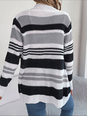 Colorblock open-front knit cardigan with horizontal stripes in black, white, and gray.