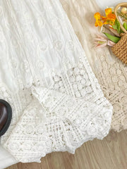 White lace midi skirt with crochet detail and elastic waist