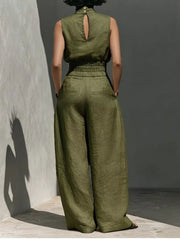 Army green sleeveless turtleneck top with keyhole back and wide-leg pants set.