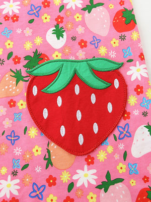 Toddler dress with strawberry applique and floral print, 100% cotton