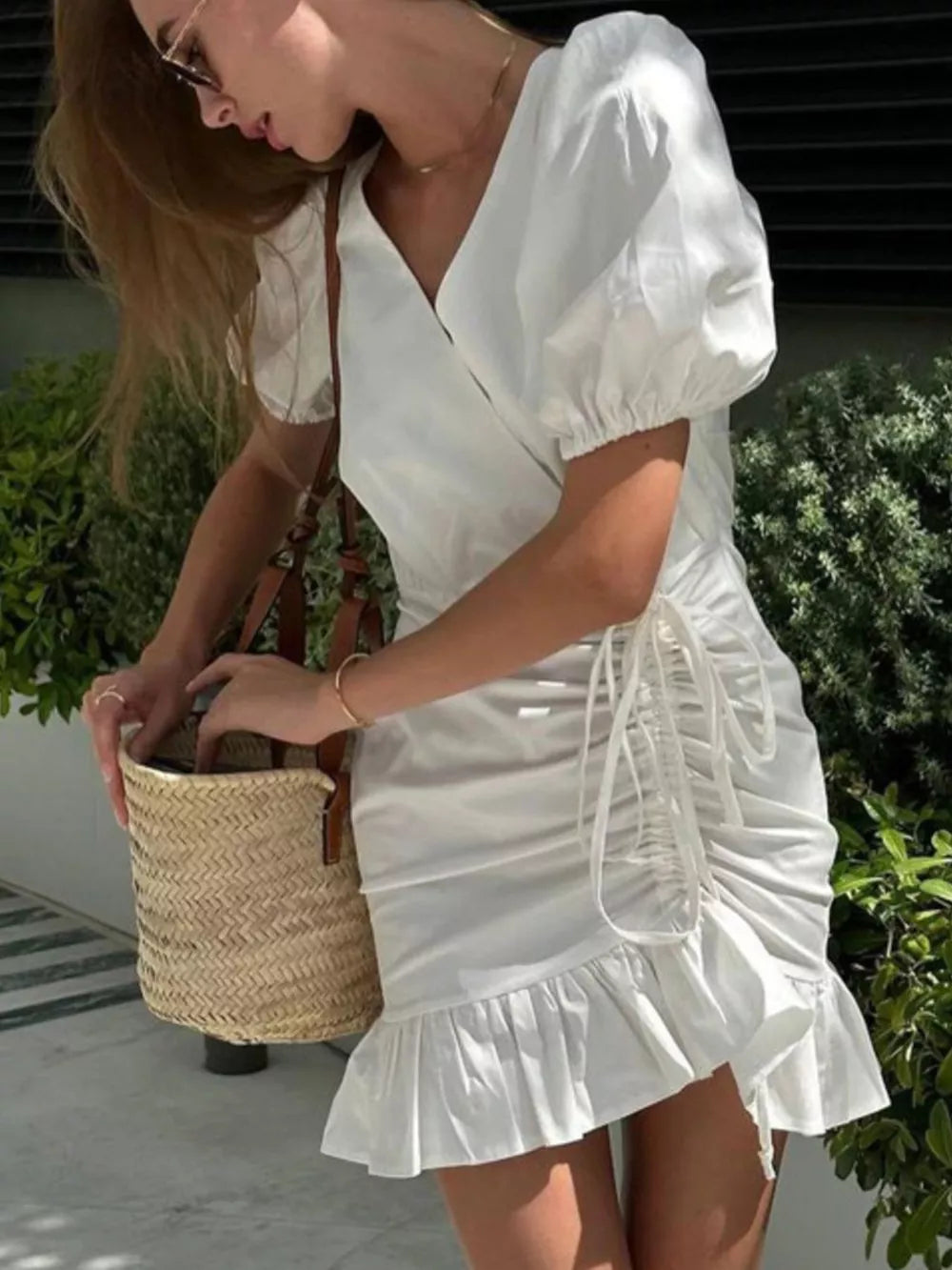 Puff Sleeve Ruffled Hem Mini Dress