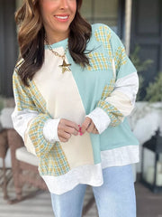Plaid Patchwork Round Neck Long Sleeve Top in Mint Blue, model styling view