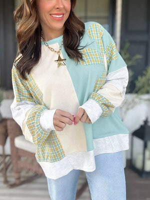 Plaid Patchwork Round Neck Long Sleeve Top in Mint Blue, model styling view