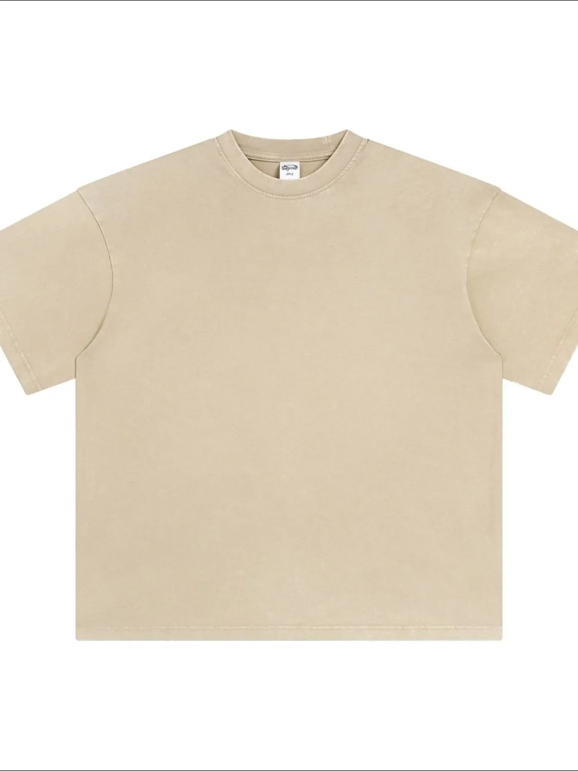 Oversized beige acid wash tee with crewneck and short sleeves.
