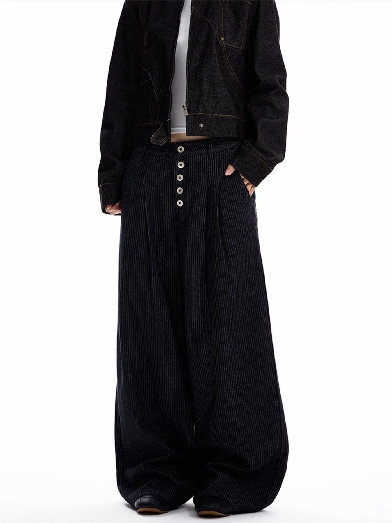 Black high-waisted wide leg cotton jeans with button fly and vertical pin-stripes.