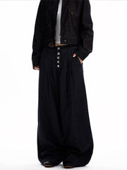 Black high-waisted wide leg cotton jeans with button fly and vertical pin-stripes.
