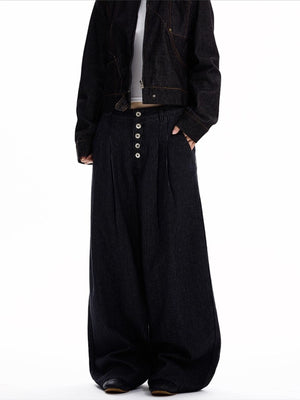 Black high-waisted wide leg cotton jeans with button fly and vertical pin-stripes.