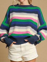 Chunky knit crewneck sweater with multicolor stripes in green, blue, pink, and cream acrylic.