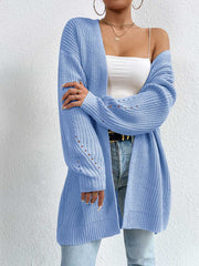 Longline knit open cardigan in Misty Blue with ribbed texture and openwork detail on sleeves.