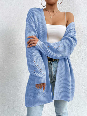 Longline knit open cardigan in Misty Blue with ribbed texture and openwork detail on sleeves.