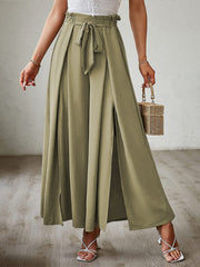 Matcha green paperbag waist palazzo pants with tie belt and high side slits.