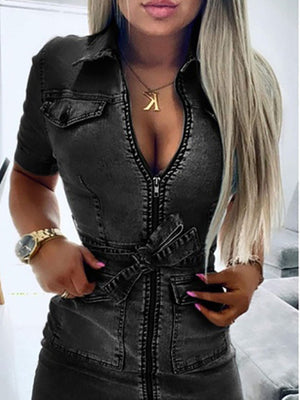 Black denim shirt dress with zipper front, short sleeves, and tie waist.