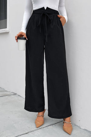 Black high-waist tie palazzo trousers with a wide leg and a tie waist detail.