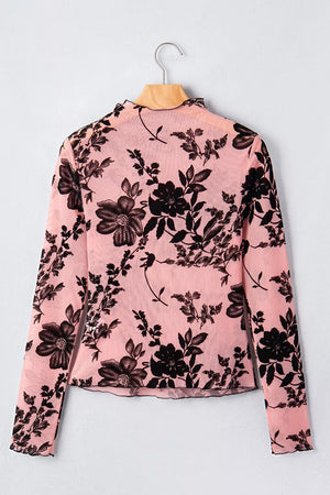 Floral Print Mesh Long Sleeve Blouse in Dusty Pink, fabric detail