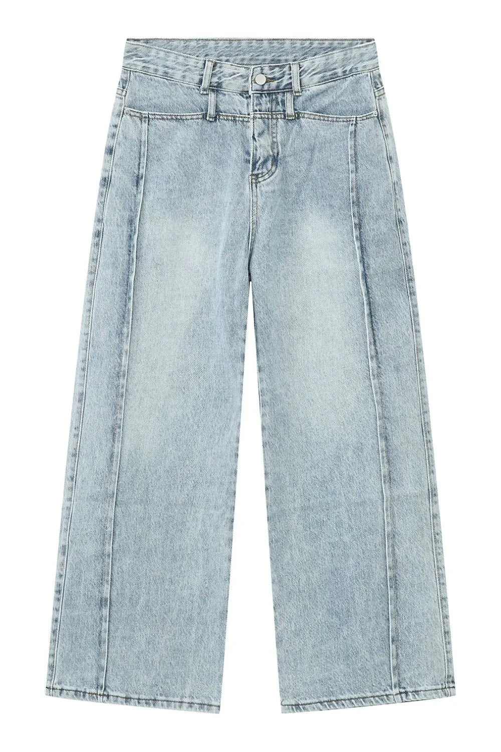 Light wash denim wide-leg jeans with vertical seams and a casual cut.