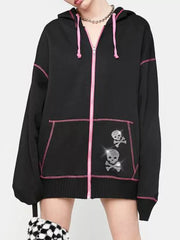 Black zip-up hoodie with pink contrast stitching and rhinestone skull graphics.