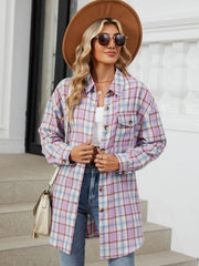 Oversized pastel plaid shacket with button front and chest pockets.
