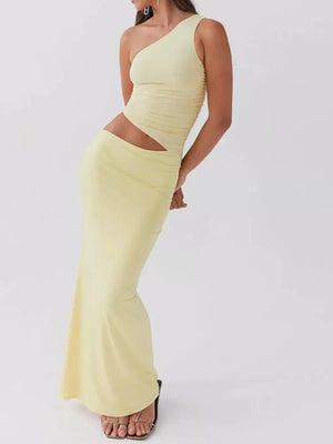 Yellow one-shoulder ruched maternity maxi dress with cutout detail