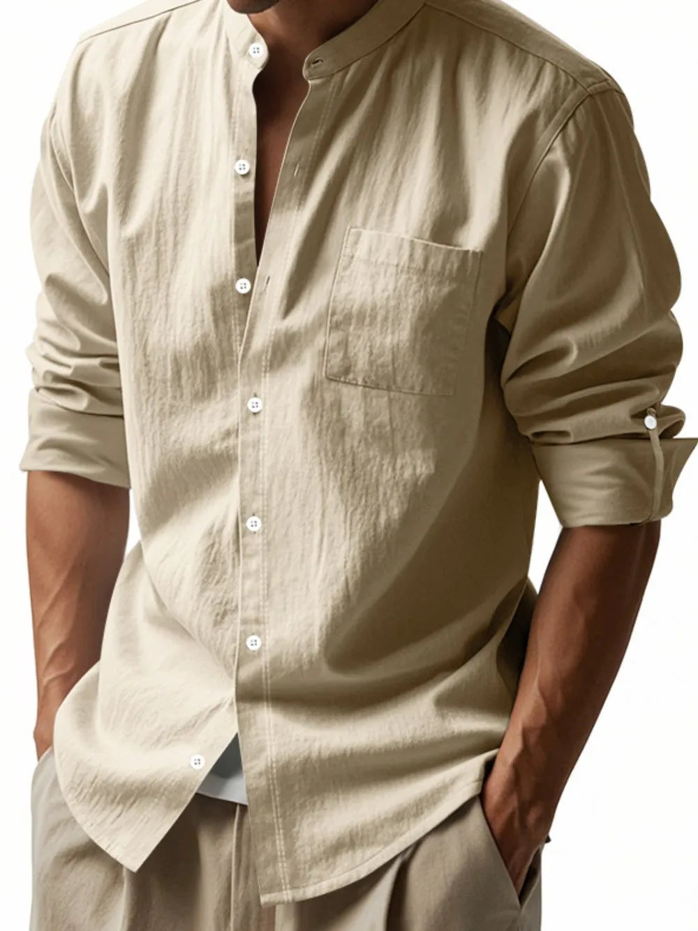 Khaki linen relaxed fit shirt with mandarin collar and button front.