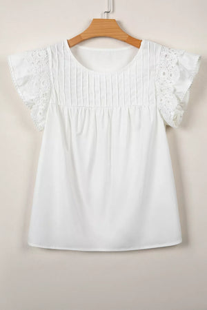 White cotton shirt with lace flutter sleeves and pleated front detail