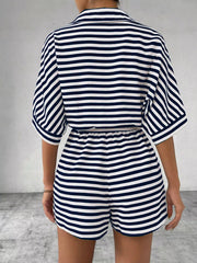 Striped Button Front Half Sleeve Romper in Dark Blue, editorial view