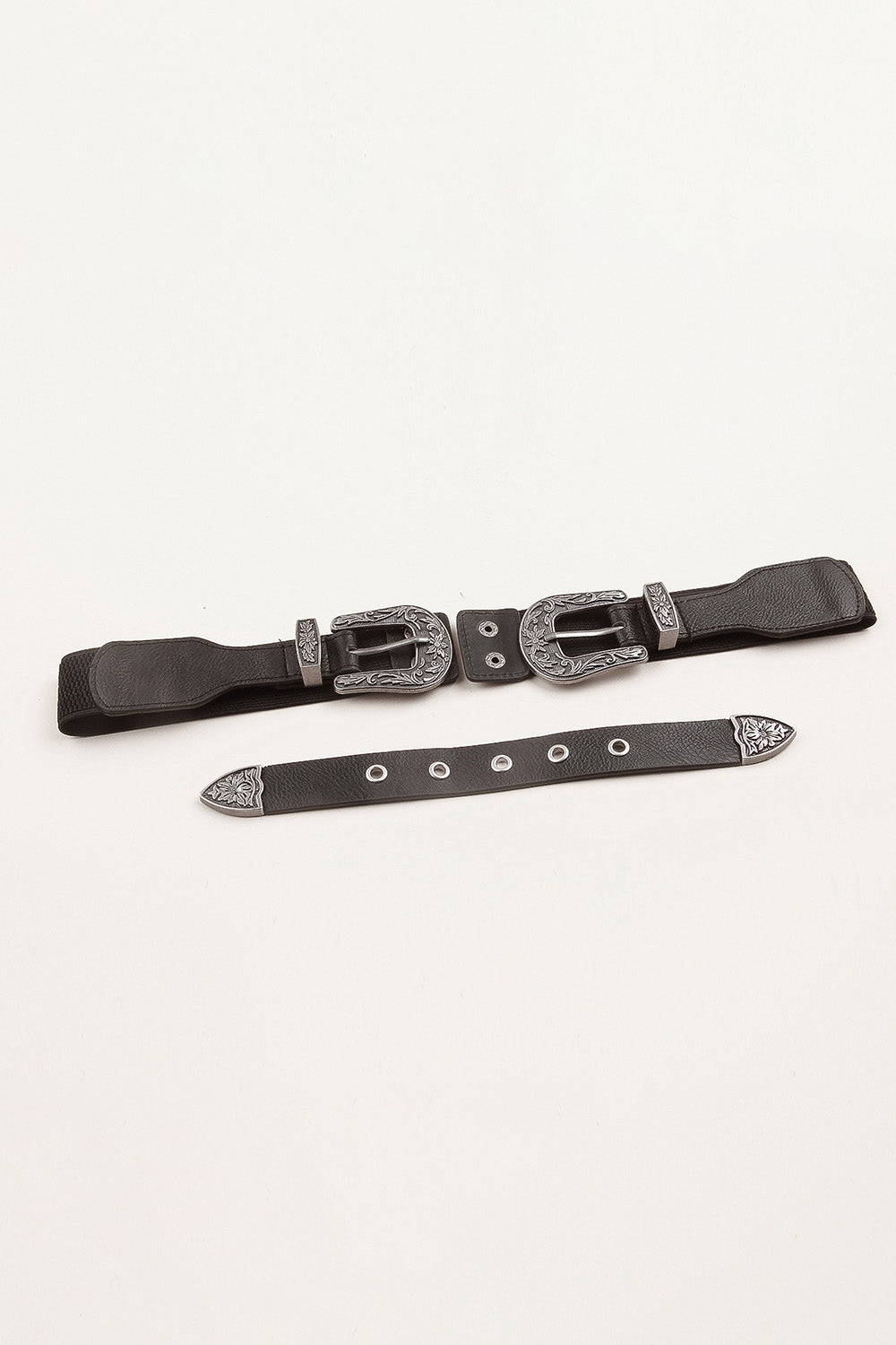 Black elastic belt with double western-style alloy buckles and decorative tip.