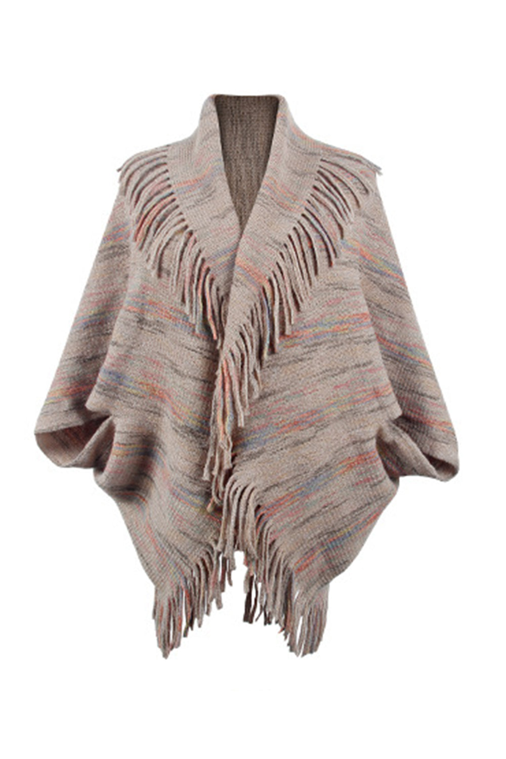 Textured knit cape in Khaki with fringe trim and colorful stripes.