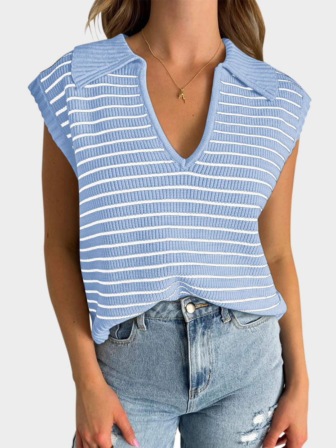 Light blue ribbed knit polo vest with white stripes and a V-neck collar.