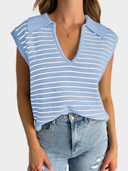 Light blue ribbed knit polo vest with white stripes and a V-neck collar.