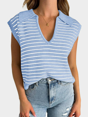 Light blue ribbed knit polo vest with white stripes and a V-neck collar.