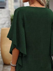 Army green mini dress with ruffled sleeves and V-neck.