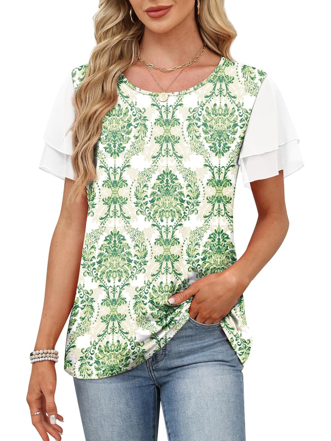 Layered ruffled short sleeve t-shirt in green floral print with white sheer sleeves.