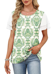 Layered ruffled short sleeve t-shirt in green floral print with white sheer sleeves.