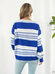Wide Stripe V-Neck Knit Sweater in blue and white acrylic with a relaxed fit.