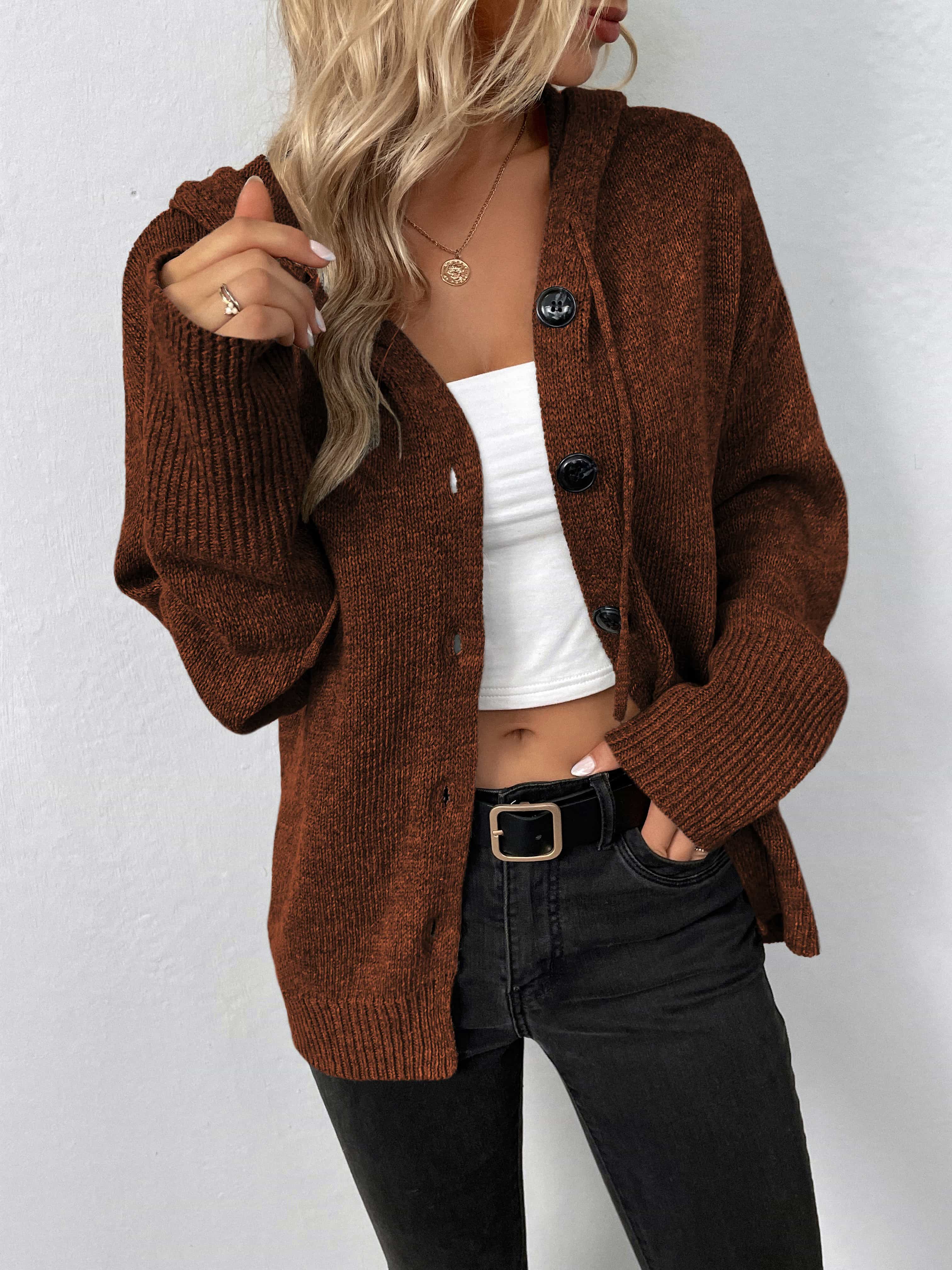 Brown hooded knit cardigan with button front and ribbed cuffs.
