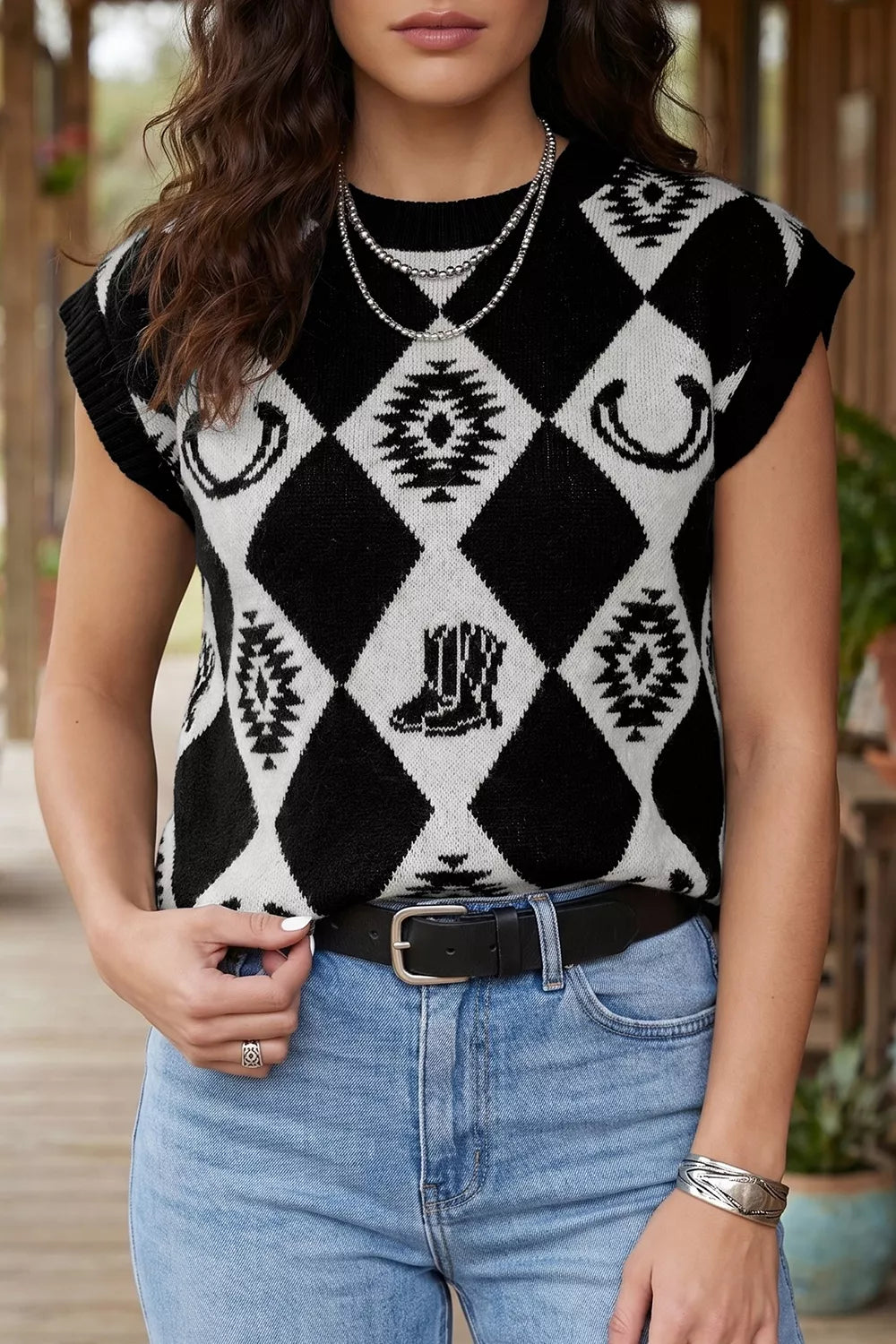 Retro Rhombus Western Print Drop Shoulder Sweater, front view