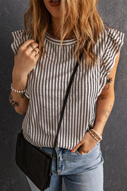 Textured stripe cap sleeve top in black and white with ruffled cap sleeves.